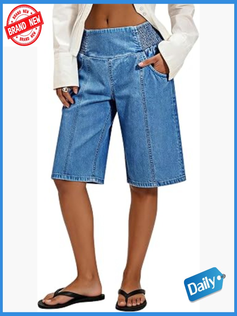 Bermuda Jean Shorts Pull On Elastic Waist High Rise Casual Jorts